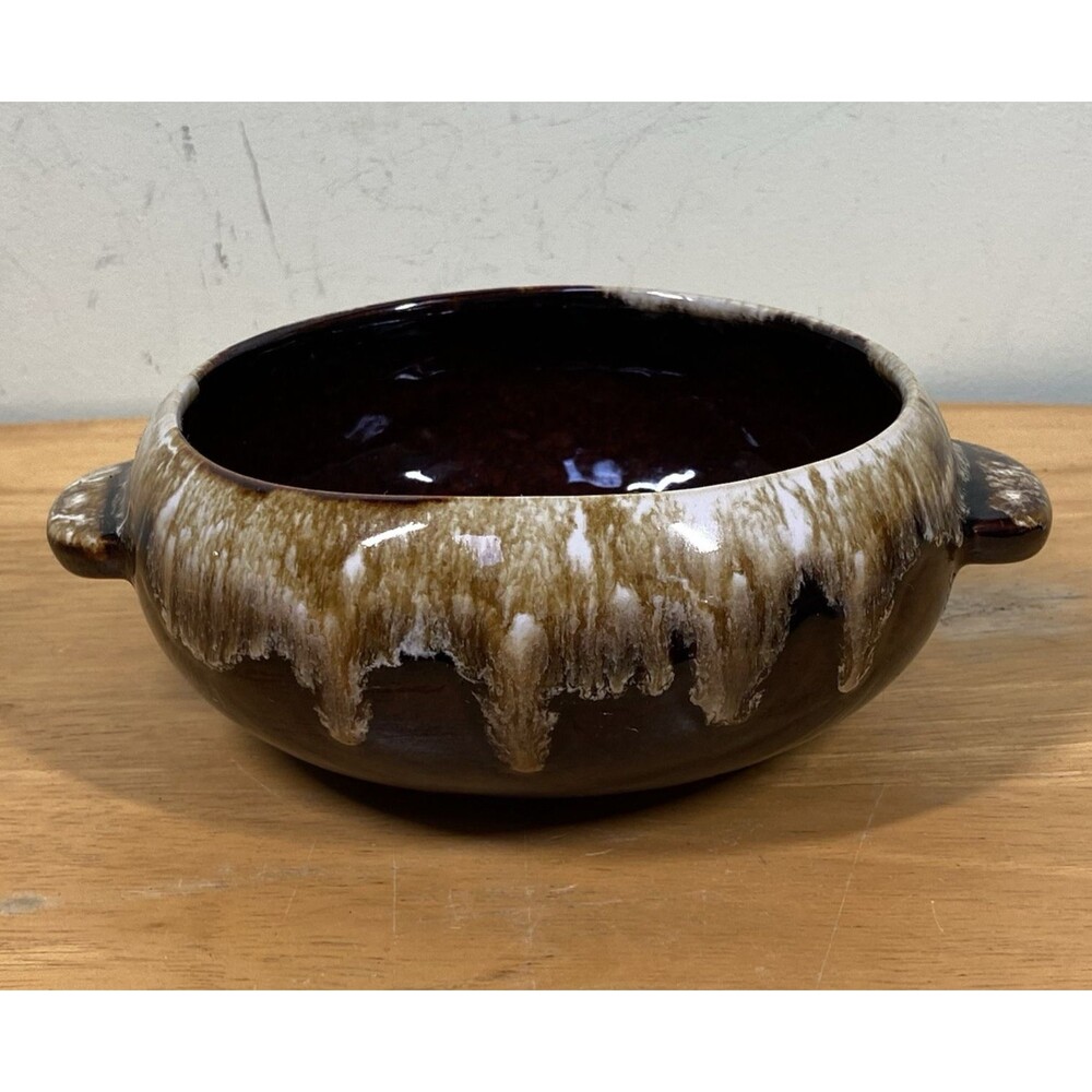 Roseville Made in USA 5" Brown Drip Pottery Bowl with Handles Country Rustic